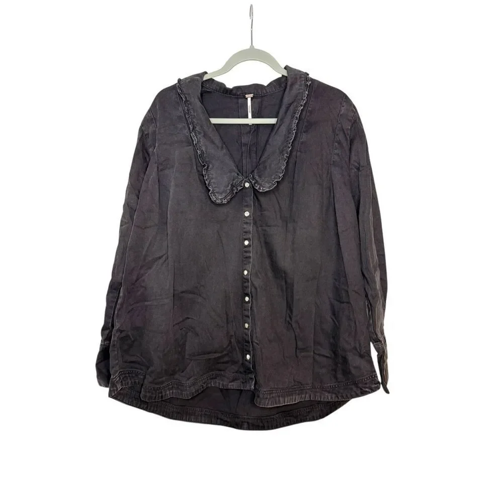 Free People Charlie Denim Shirt Washed Black Size XS